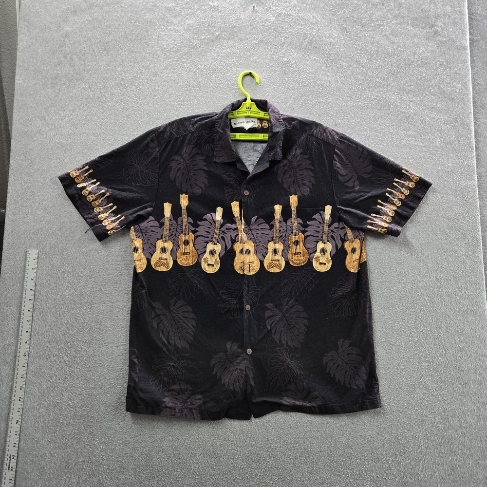 Bishop St. Apparel Men Button Up Shirt XL Black Graphic Guitars Leaves Hawaiian